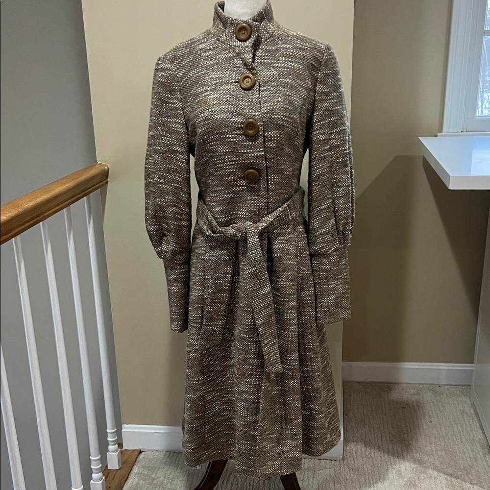 Beth Bowley Anthropologie Textured Long Coat in Mixed Taupe Tie Belt Size 4 EUC